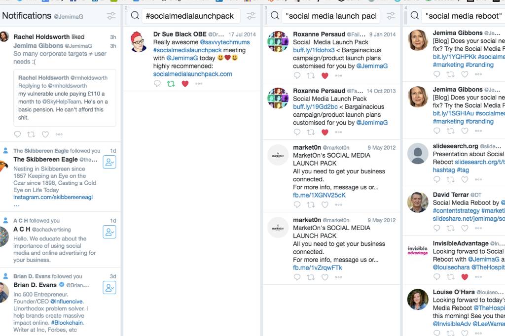My Tweetdeck home page with search columns added